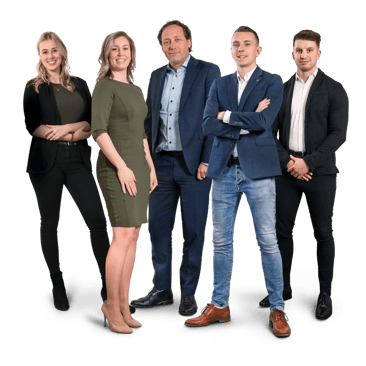 Teamfoto van de accountmanagers Chantal, Gudy, Jan, Ronald en Aaron
